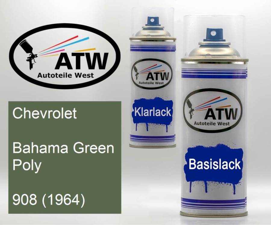 Chevrolet, Bahama Green Poly, 908 (1964): 400ml Sprühdose + 400ml Klarlack - Set, von ATW Autoteile West.